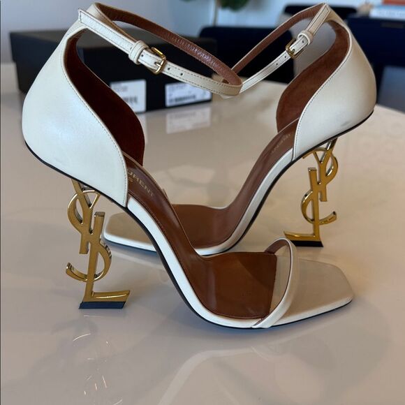 Saint Laurent Opyum YSL Logo Beige Gold High Heel Sandal Size EU 40 US 10 - Picture 7 of 11